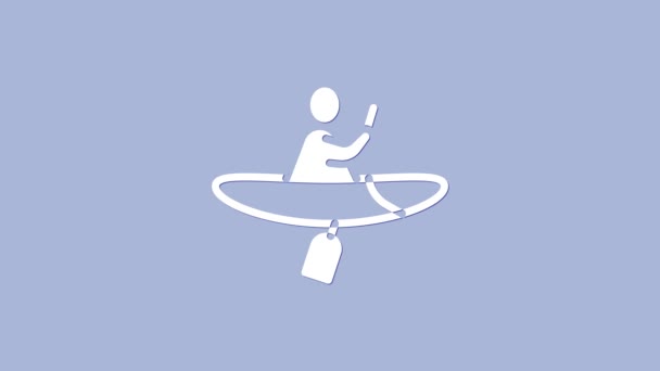 Weißes Kajak und Paddel-Symbol isoliert auf lila Hintergrund. Kajak und Kanu für Angeln und Tourismus. Aktivitäten im Freien. 4K Video Motion Grafik Animation — Stockvideo