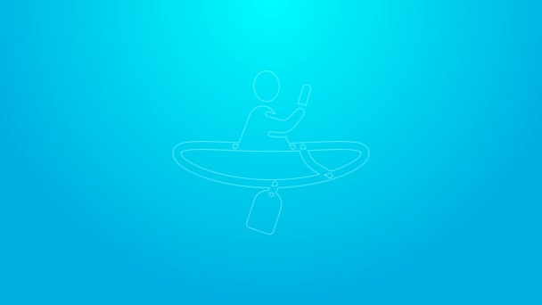 Ligne rose Kayak et icône de pagaie isolé sur fond bleu. Kayak et canot pour la pêche et le tourisme. Activités de plein air. Animation graphique de mouvement vidéo 4K — Video