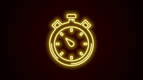 Gloeiende neon lijn Stopwatch pictogram geïsoleerd op zwarte achtergrond. Tijdklok teken. Chronometerteken. 4K Video motion grafische animatie — Stockvideo