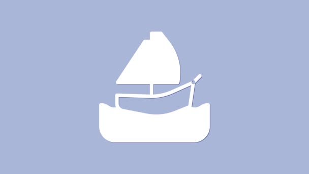 ホワイトヨットセーリングボートやセーリング船のアイコンは、紫色の背景に隔離されました。帆ボート海洋クルーズ旅行。4Kビデオモーショングラフィックアニメーション — ストック動画