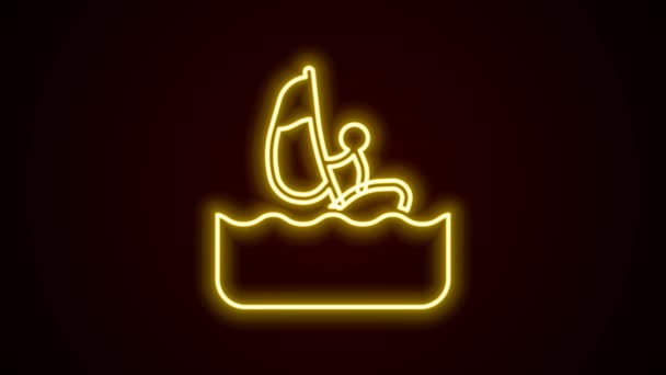 Zářící neonová čára Windsurfing ikona izolované na černém pozadí. Grafická animace pohybu videa 4K — Stock video