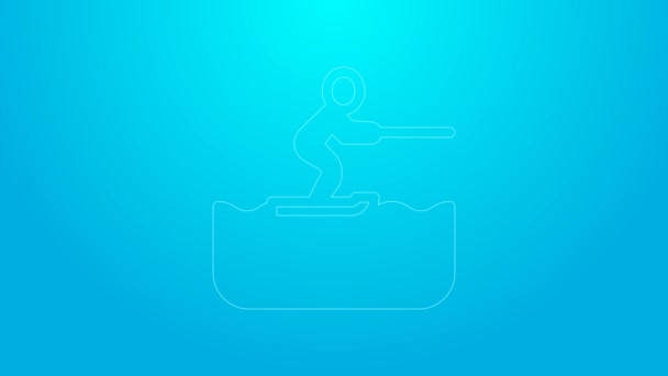 Pink line Water skiing man icon isolated on blue background. 4K Video motion graphic animation — Stock Video