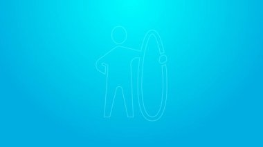 Pembe çizgi sörf tahtası simgesi mavi arkaplanda izole edildi. Sörf tahtası. Olağanüstü bir spor. Spor malzemeleri. 4K Video hareketli grafik canlandırması