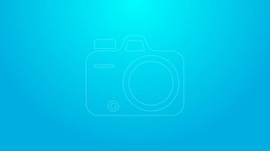 Pembe çizgi fotoğraf makinesi simgesi mavi arkaplanda izole edildi. Foto kamera. Dijital fotoğrafçılık. 4K Video hareketli grafik canlandırması
