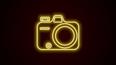 Parlayan neon hattı fotoğraf makinesi simgesi siyah arkaplanda izole edildi. Foto kamera. Dijital fotoğrafçılık. 4K Video hareketli grafik canlandırması