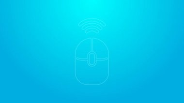 Pembe çizgi kablosuz bilgisayar fare simgesi mavi arkaplanda izole edildi. Tekerlek sembollü optik. 4K Video hareketli grafik canlandırması