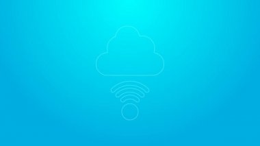 Pembe çizgi ağ bulut bağlantısı simgesi mavi arkaplanda izole edildi. Sosyal teknoloji. Bulut hesaplama konsepti. 4K Video hareketli grafik canlandırması