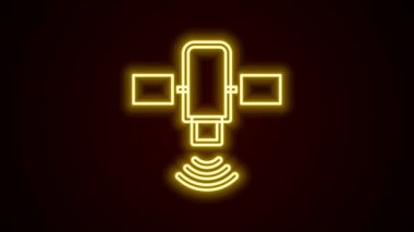 Parlayan neon hattı uydu simgesi siyah arkaplanda izole edildi. 4K Video hareketli grafik canlandırması