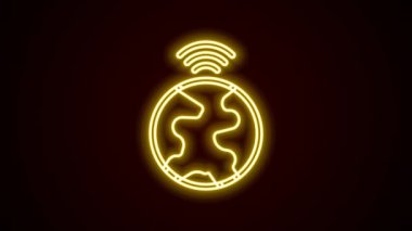 Parlayan neon hattı Global teknoloji veya sosyal ağ simgesi siyah arkaplanda izole edildi. 4K Video hareketli grafik canlandırması