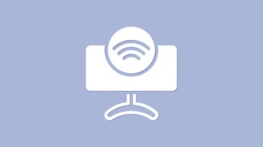 Beyaz Akıllı TV sistemi simgesi mor arkaplanda izole edildi. Televizyon tabelası. İnternet kavramının kablosuz bağlantısı. 4K Video hareketli grafik canlandırması