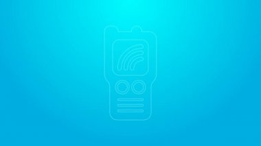 Pembe çizgi telsiz ikonu mavi arkaplanda izole edildi. Taşınabilir radyo vericisi simgesi. Radyo alıcı-vericisi işareti. 4K Video hareketli grafik canlandırması