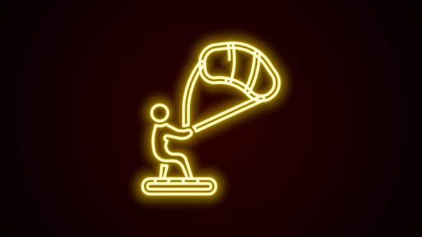 Glödande neon linje Kitesurfing ikon isolerad på svart bakgrund. 4K Video motion grafisk animation — Stockvideo
