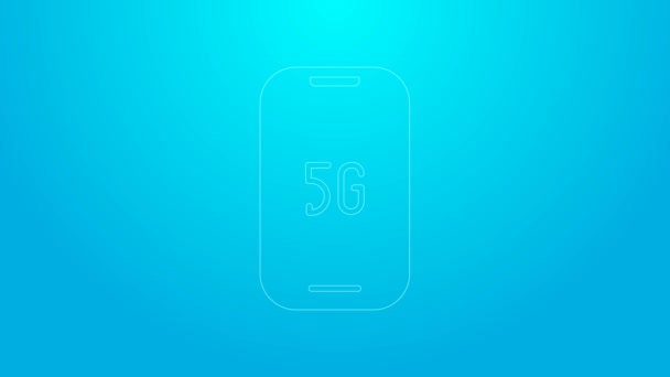 Línea rosa móvil con 5G nuevo icono wifi inalámbrico de Internet aislado sobre fondo azul. Red global de alta velocidad de conexión tecnología de velocidad de datos. Animación gráfica de vídeo 4K — Vídeos de Stock