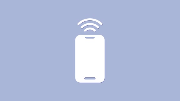 Smartphone branco com ícone de conexão sem fio wi-fi gratuito isolado no fundo roxo. Tecnologia sem fio, conexão wi-fi, rede sem fio. Animação gráfica em movimento de vídeo 4K — Vídeo de Stock