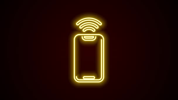 Glowing neon line Smartphone with free wi-fi wireless connection icon isolated on black background. Wireless technology, wi-fi connection, wireless network. 4K Video motion graphic animation — Stock Video