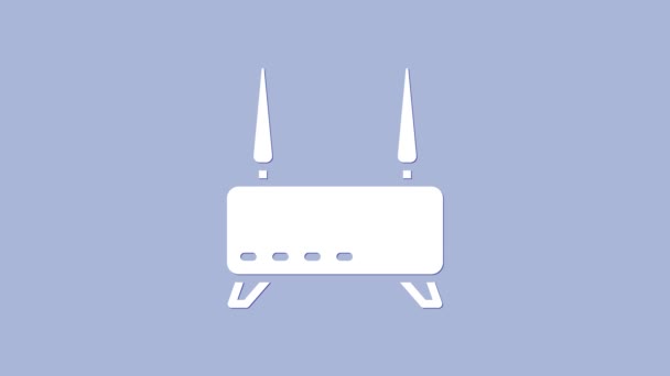 Router blanco e icono de señal wi-fi aislados sobre fondo púrpura. Router de módem Ethernet inalámbrico. Internet de tecnología informática. Animación gráfica de vídeo 4K — Vídeo de stock