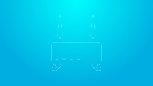 핑크 라인 라우터와 와이파이 신호 아이콘은 파란 배경에 분리되어 있습니다. 무선 인터넷 연결 라우터. 컴퓨터 기술 인터넷. 4K 비디오 모션 그래픽 애니메이션 — 비디오