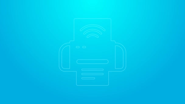 Línea rosa Icono del sistema de impresora inteligente aislado sobre fondo azul. Concepto de Internet de las cosas con conexión inalámbrica. Animación gráfica de vídeo 4K — Vídeo de stock