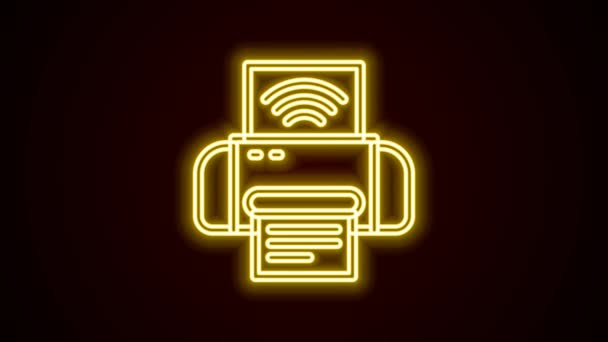 Linha de néon brilhante Ícone do sistema de impressora inteligente isolado no fundo preto. Internet das coisas conceito com conexão sem fio. Animação gráfica em movimento de vídeo 4K — Vídeo de Stock