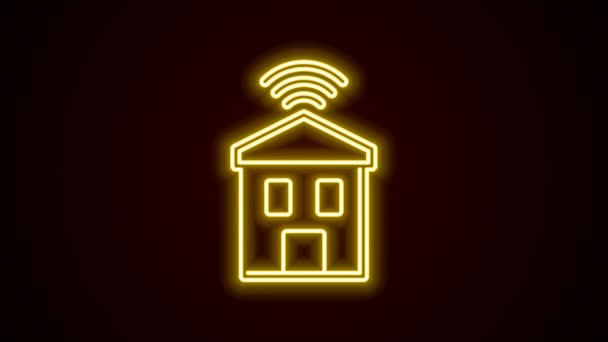 Светящийся неоновая линия Умный дом с Wi-Fi значок изолирован на черном фоне. Дистанционное управление. Видеографическая анимация 4K — стоковое видео