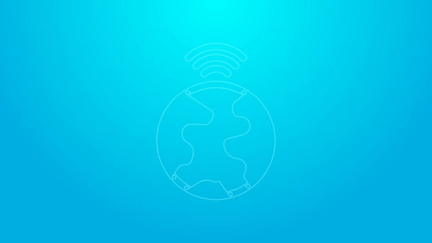 Linha rosa Tecnologia global ou ícone de rede social isolado em fundo azul. Animação gráfica em movimento de vídeo 4K — Vídeo de Stock