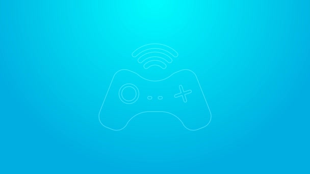 Pink line Wireless gamepad icon isolated on blue background. Game controller. 4K Video motion graphic animation — Stock Video