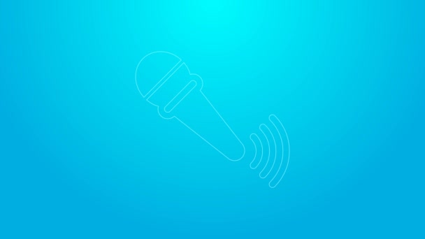 Línea rosa Icono de micrófono inalámbrico aislado sobre fondo azul. En el micrófono de radio de aire. Firma del portavoz. Animación gráfica de vídeo 4K — Vídeos de Stock