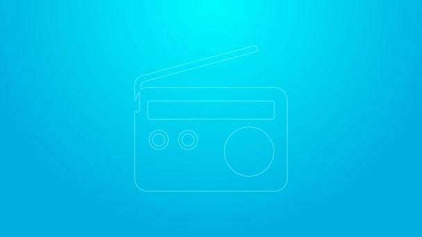 안테나 아이콘이 달린 핑크 라인 라디오가 파란색 배경에 분리되어 있습니다. 4K 비디오 모션 그래픽 애니메이션 — 비디오