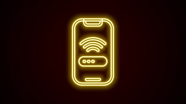 Glowing neon line Smartphone with free wi-fi wireless connection icon isolated on black background. Wireless technology, wi-fi connection, wireless network. 4K Video motion graphic animation — Stock Video
