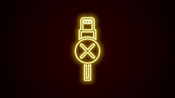 Glowing neon line No usb cable cord icon isolated on black background. Connectors and sockets for PC and mobile devices. 4K Video motion graphic animation — Stock Video