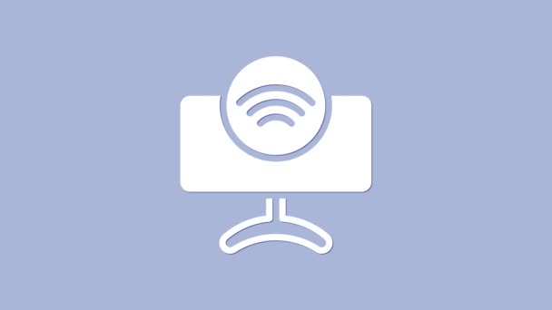 Biała ikona systemu Smart TV izolowana na fioletowym tle. Znak telewizyjny. Internet rzeczy koncepcja z bezprzewodowym połączeniem. 4K Animacja graficzna ruchu wideo — Wideo stockowe