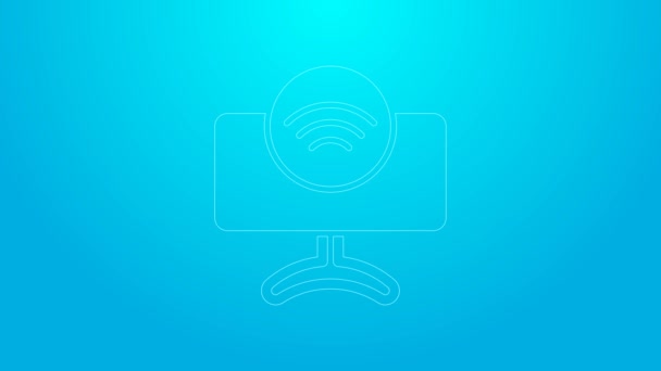Ροζ γραμμή έξυπνο σύστημα τηλεόρασης εικονίδιο απομονωμένο σε μπλε φόντο. Τηλεοπτική πινακίδα. Internet of things έννοια με ασύρματη σύνδεση. 4K Γραφική κίνηση κίνησης βίντεο — Αρχείο Βίντεο