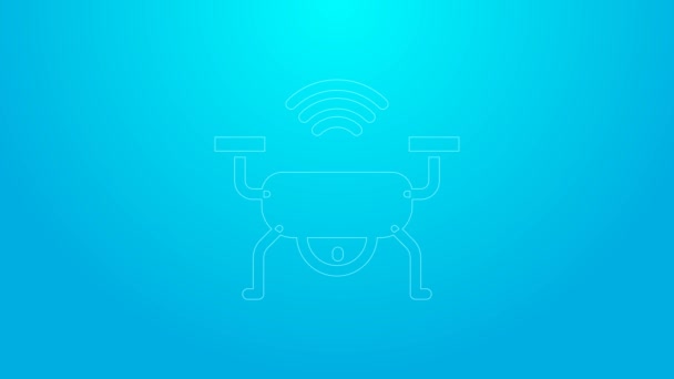 핑크 라인 스마트 드론 시스템 아이콘은 파란 배경에 분리되었습니다. Quadrocopter with video and photo camera 심볼 이 있는 쿼드 로콥터. 4K 비디오 모션 그래픽 애니메이션 — 비디오