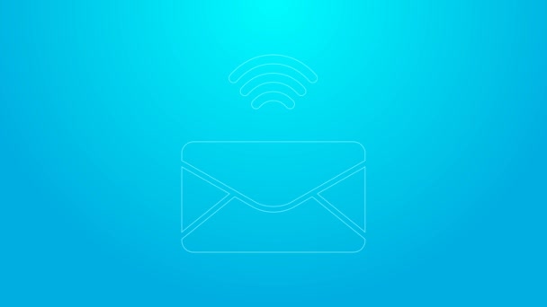 핑크 라인 메일과 이메일 아이콘은 파란 배경에 분리되어 있습니다. Envelope 심볼 이메일. 이메일 메시지 표지판이야. 4K 비디오 모션 그래픽 애니메이션 — 비디오
