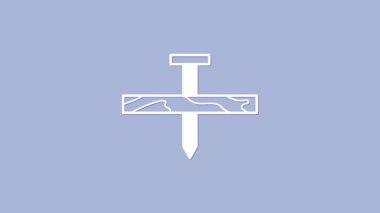 Mor arka planda beyaz metal çivi ve tahta ikonu var. 4K Video hareketli grafik canlandırması