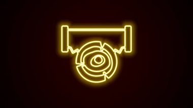 Parlayan neon hattı, siyah arka planda izole edilmiş iki elli testere ve kütük simgesi. 4K Video hareketli grafik canlandırması
