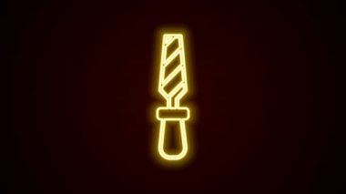Parlayan neon hattı Rasp metal dosya simgesi siyah arkaplanda izole edildi. Ahşap ve metalle çalışmak için Rasp. Tezgah ve atölye için alet. 4K Video hareketli grafik canlandırması