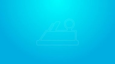 Ahşap işçisinin el yapımı ikonu için mavi arka planda izole edilmiş pembe çizgi ahşap uçak aracı. Ortak düzlem. 4K Video hareketli grafik canlandırması