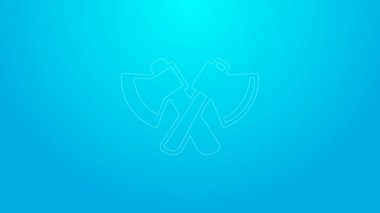 Pembe çizgi ahşap balta simgesi mavi arkaplanda izole edilmiş. Oduncu baltası. 4K Video hareketli grafik canlandırması