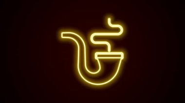 Parlayan neon hattı siyah arka planda izole edilmiş duman simgesi olan sigara piposu. Tütün piposu. 4K Video hareketli grafik canlandırması