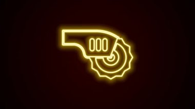 Siyah arka planda izole edilmiş çelik dişli disk simgesi ile parlayan neon çizgisi elektrikli testere. Tahta ya da metal kesmek için elektrikli el aleti. 4K Video hareketli grafik canlandırması