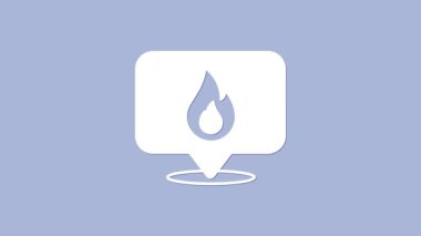 Mor zemin üzerinde ateş alev ikonu olan beyaz harita işaretçisi. Yakında yangın var. 4K Video hareketli grafik canlandırması