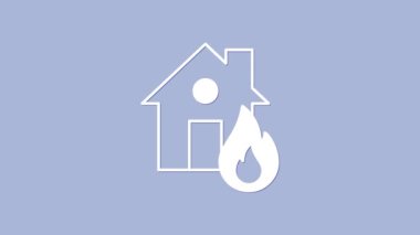 Mor arkaplanda yanan ev simgesinde beyaz yangın var. 4K Video hareketli grafik canlandırması