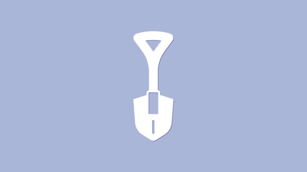 Ikona White Shovel izolované na fialovém pozadí. Zahradní nářadí. Nástroj pro zahradnictví, zemědělství, zemědělství. Grafická animace pohybu videa 4K — Stock video
