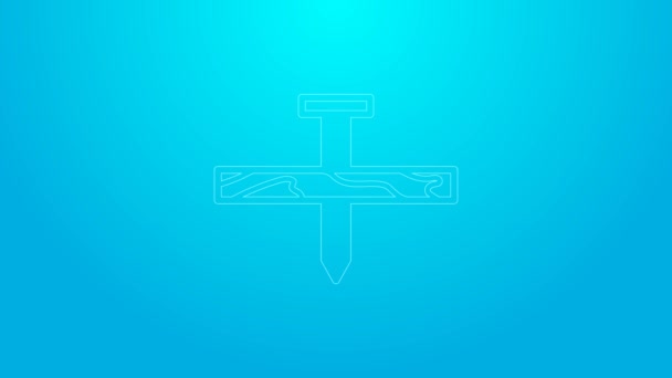 Růžová čára Kovové nehty a dřevěné prkno ikona izolované na modrém pozadí. Grafická animace pohybu videa 4K — Stock video