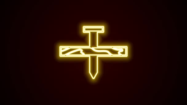 Zářící neonová čára Kovový nehet a dřevěné prkno ikona izolované na černém pozadí. Grafická animace pohybu videa 4K — Stock video
