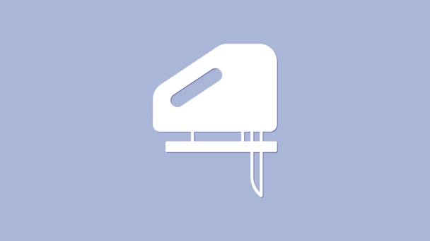 Beyaz elektrikli yapboz, mor arka planda izole edilmiş çelik kesici bıçak ikonu. Ahşap işçiliği için elektrikli alet. 4K Video hareketli grafik canlandırması — Stok video