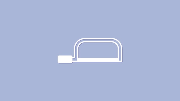 Weißes Hacksaw-Symbol isoliert auf lila Hintergrund. Metallsäge für Holz und Metall. 4K Video Motion Grafik Animation — Stockvideo