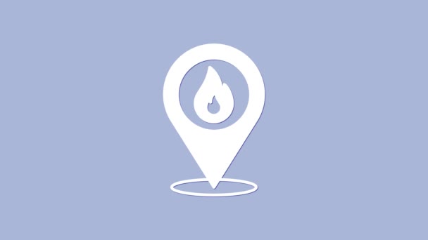 Weißer Kartenzeiger mit Flammensymbol auf violettem Hintergrund. Feuer in der Nähe. 4K Video Motion Grafik Animation — Stockvideo