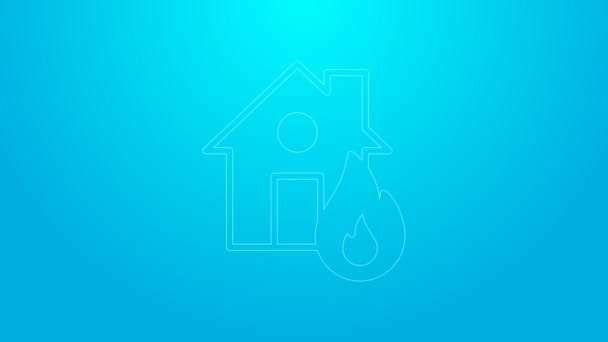 Růžová čára Oheň v hořícím domě ikona izolované na modrém pozadí. Grafická animace pohybu videa 4K — Stock video